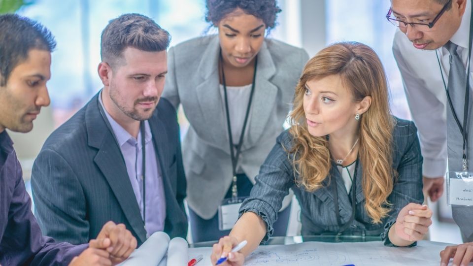 (In the image a business strategy consultant can be seen guiding a team of professionals)