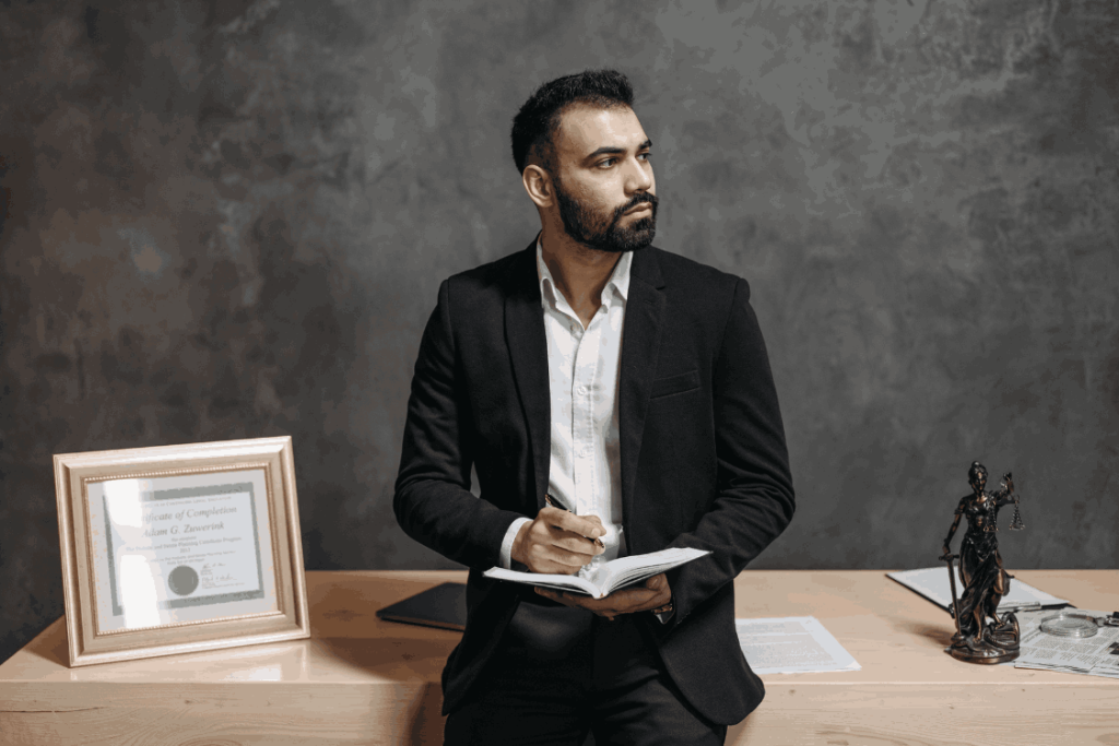 (A man in a suit sits at a desk, writing notes with a pen on paper, focused and engaged in his work.)employment tribunal costs