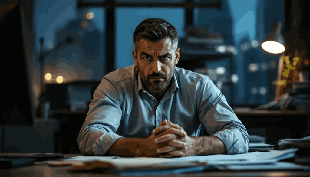 The image depicts a worried individual, sitting at a desk cluttered with sales invoices and VAT documents, reflecting on mistakes made in their VAT return and the potential consequences of incorrect VAT returns.