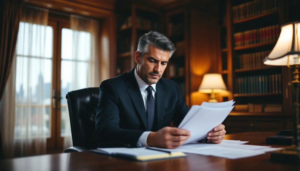 A lawyer sits in his chamber, focused on reading legal papers related to false accounting cases, including references to the theft act and misleading documents.