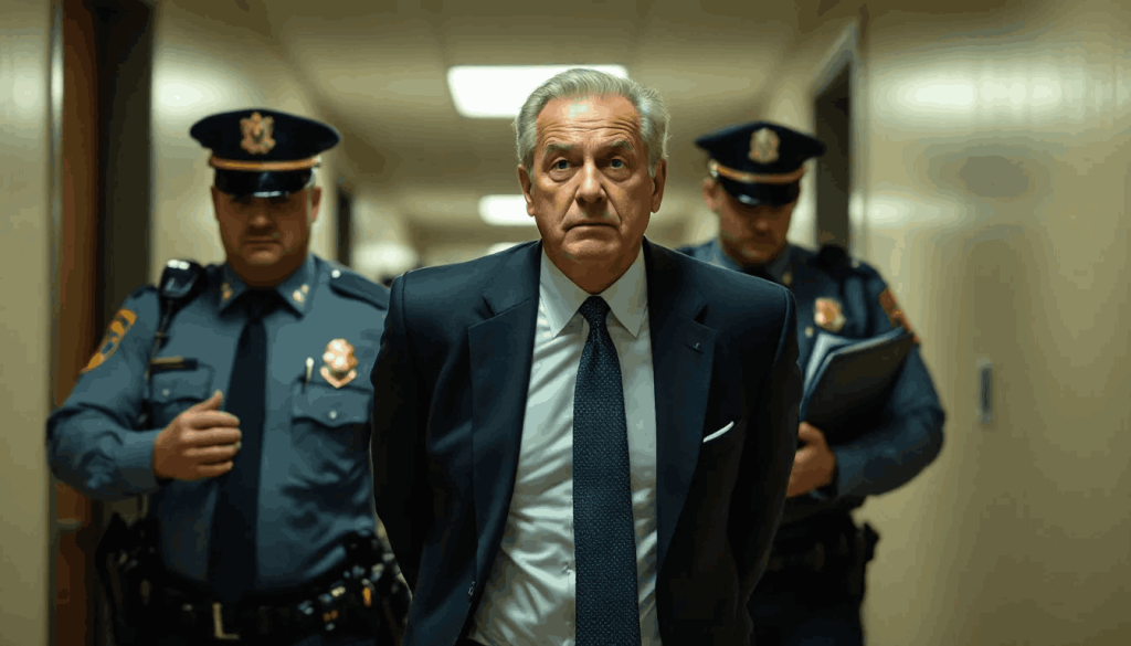 The image depicts a person being arrested for tax evasion, with law enforcement officers in action and onlookers observing the scene.