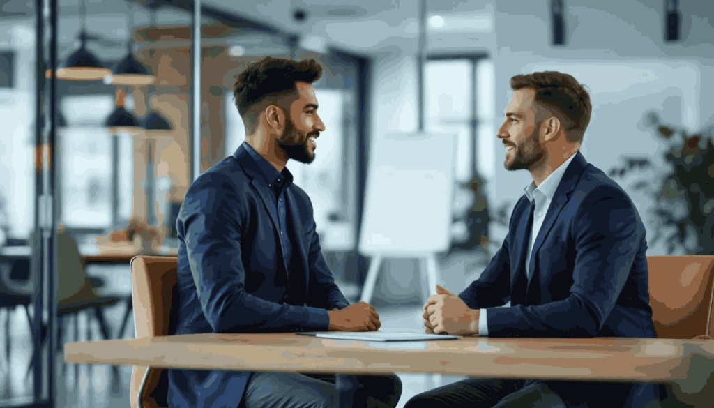 An employee sitting at a desk in an office talking with their manager, discussing matters related to employment tribunal costs.