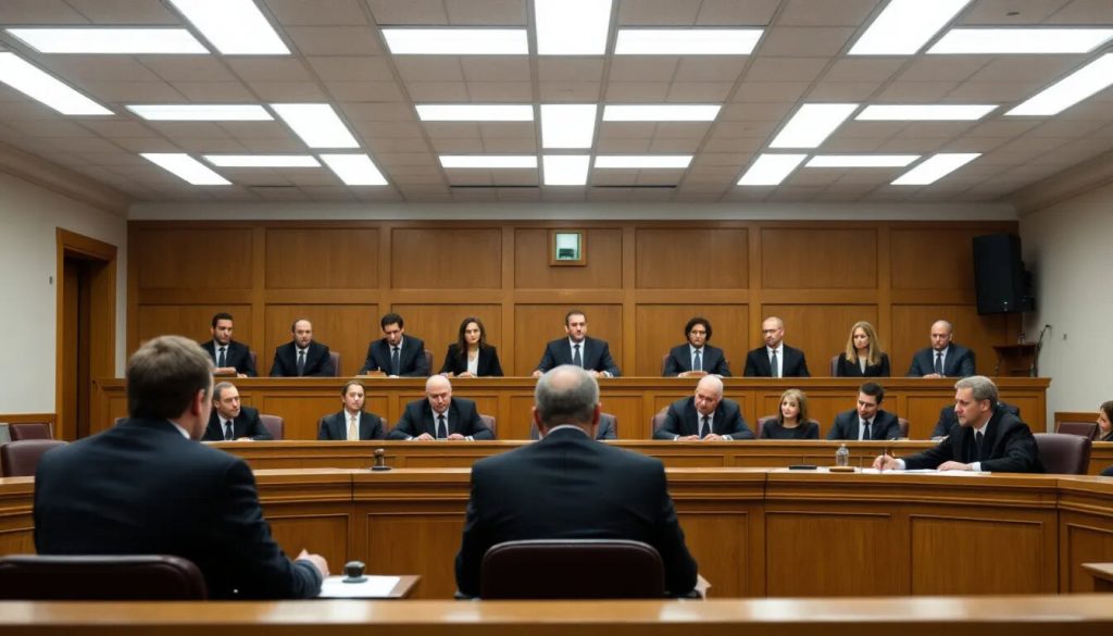 The image depicts a jury delivering a sentence in front of a court bar, with the judge and legal team present, highlighting the serious nature of criminal offences such as the offence of false accounting.