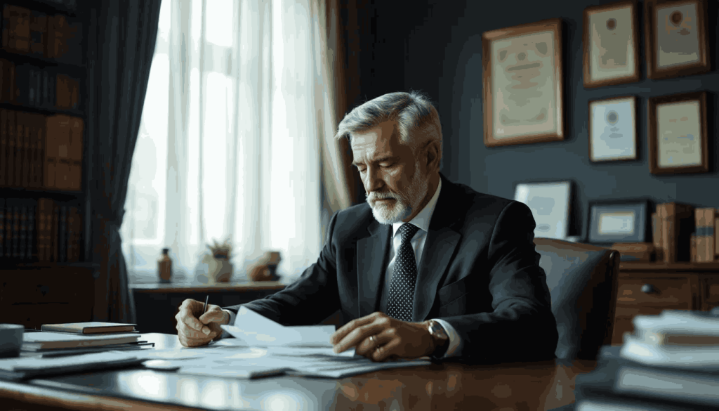 The image depicts a solicitor sitting in his chamber, surrounded by legal documents and books, as he prepares for an upcoming tribunal hearing.