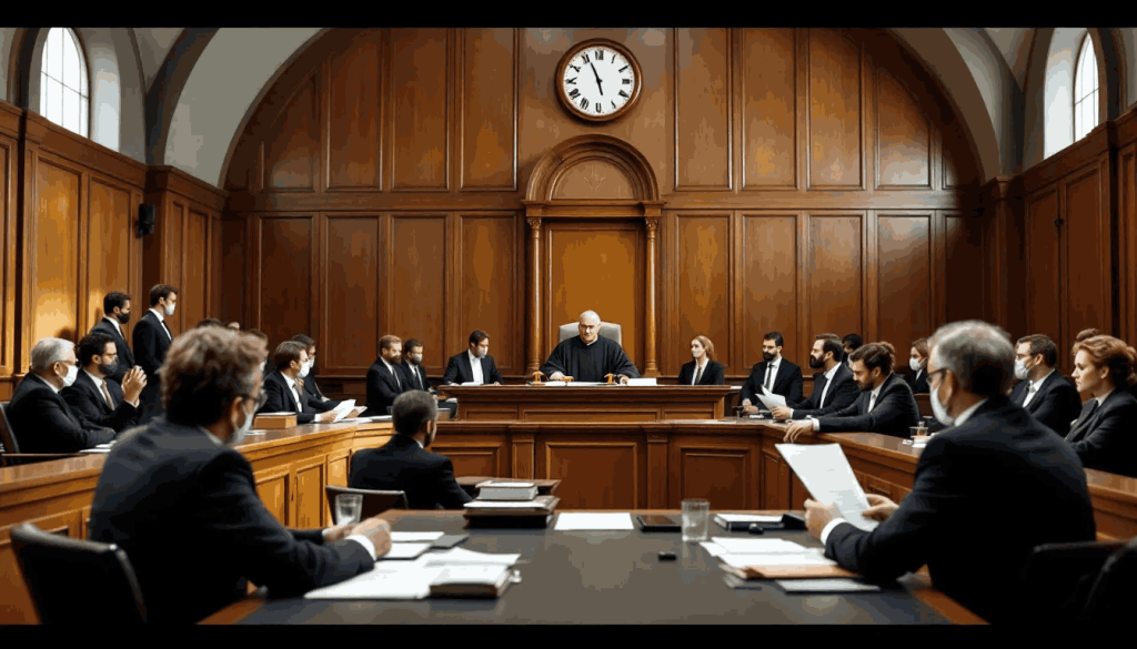 The image depicts a courtroom in session, where a VAT audit hearing is taking place.