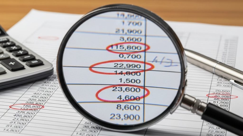 Illustration showing magnifying glass over financial records highlighting errors.