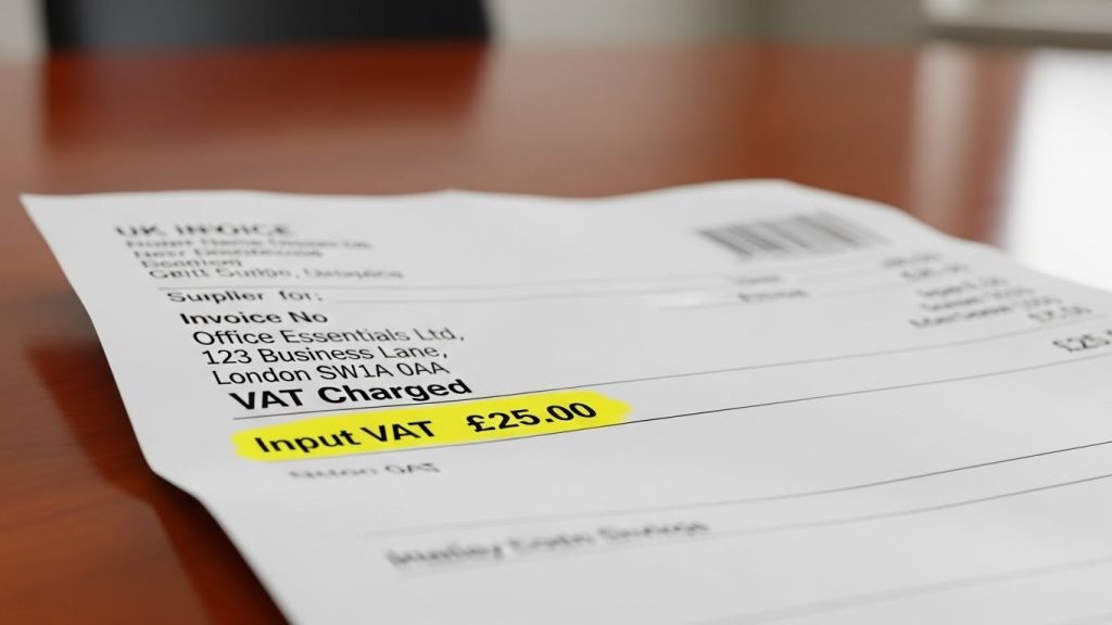 (Image of a UK VAT invoice placed on table highlighting input VAT charged on business expenses)input vat vs output vat