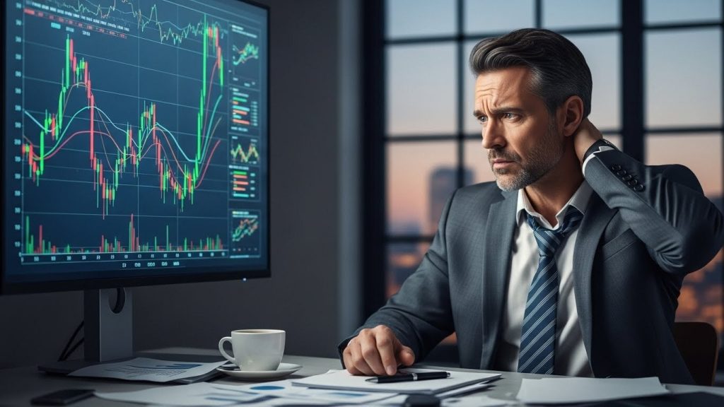 Confused business owner looking at fluctuating financial graphs being a trigger for an HMRC audit.