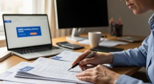 Close-up of a person reviewing UK tax documents at a desk with HMRC voluntary disclosure service on laptop screen in the background.