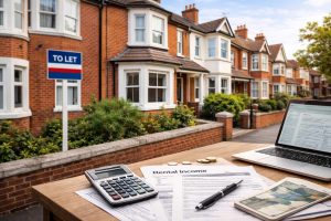 UK rental properties on a residential street, alongside a desk showing tax documents, calculator, and laptop, representing the calculation of what counts as rental income.