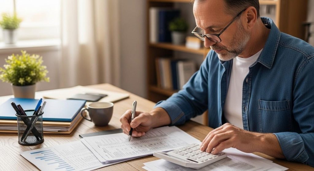 Landlord reviewing mortgage documents and calculator on a desk, showing the impact of section 24 tax on finance costs.
