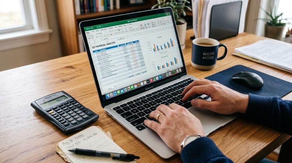 Hands entering transaction-level VAT data into accounting software, illustrating digital record-keeping for MTD compliance.