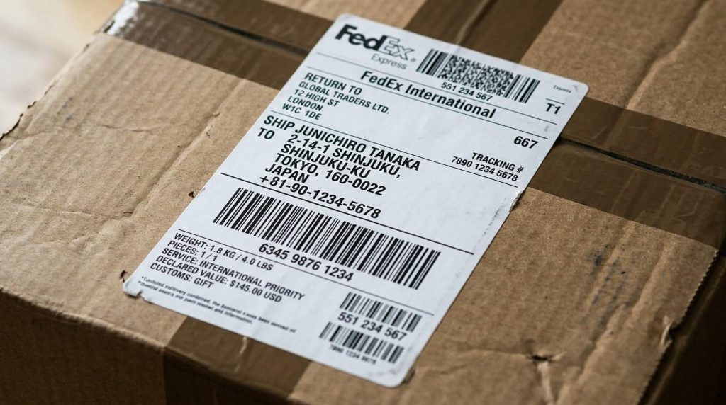 Package with international shipping label showing goods supplied for export outside the UK, relevant for zero-rated VAT.