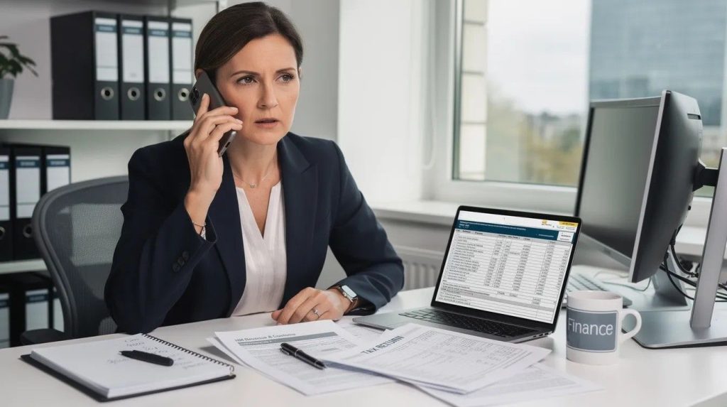 A professional woman dressed in business attire is speaking on the phone at her office desk, surrounded by an open laptop and various tax documents, indicating she is contacting HMRC to address overdue tax issues and potential late payment VAT penalties. 