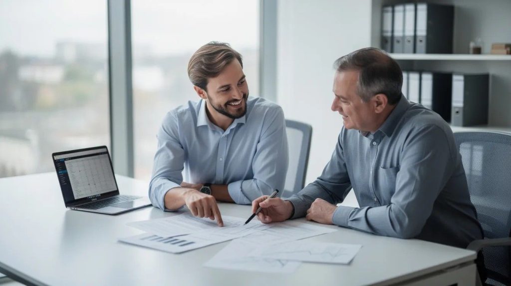 Tax adviser and a client are engaged in a collaborative discussion, reviewing documents that likely pertain to VAT accounting periods and late payment penalties.
