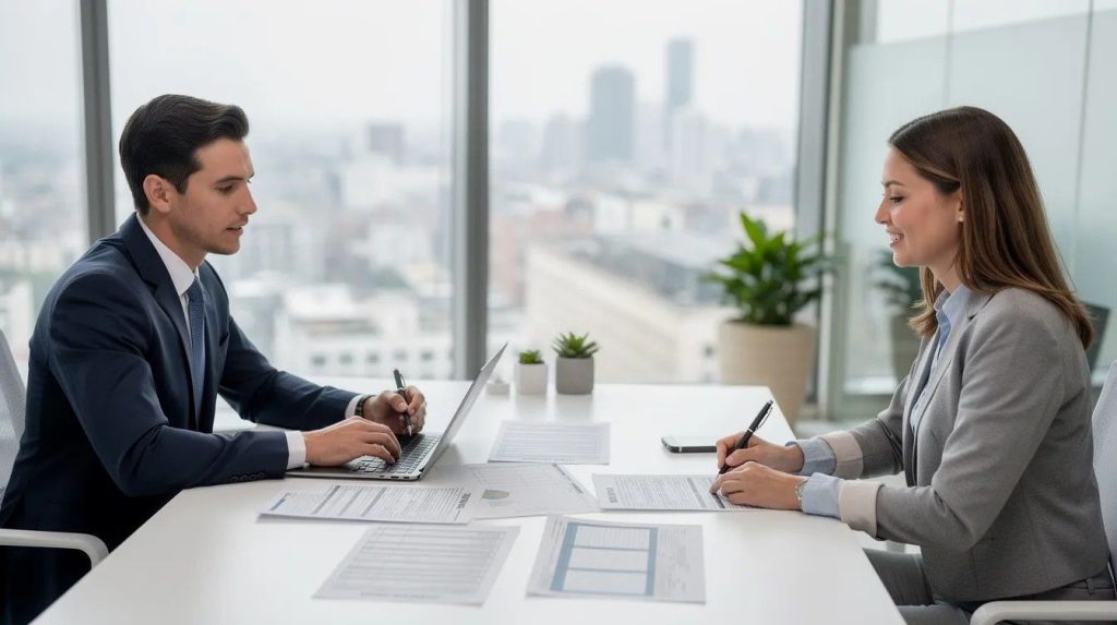 A professional meeting in a modern office, where a client reviews documents with a tax adviser, discussing important matters related to tax affairs and offshore tax investigations.