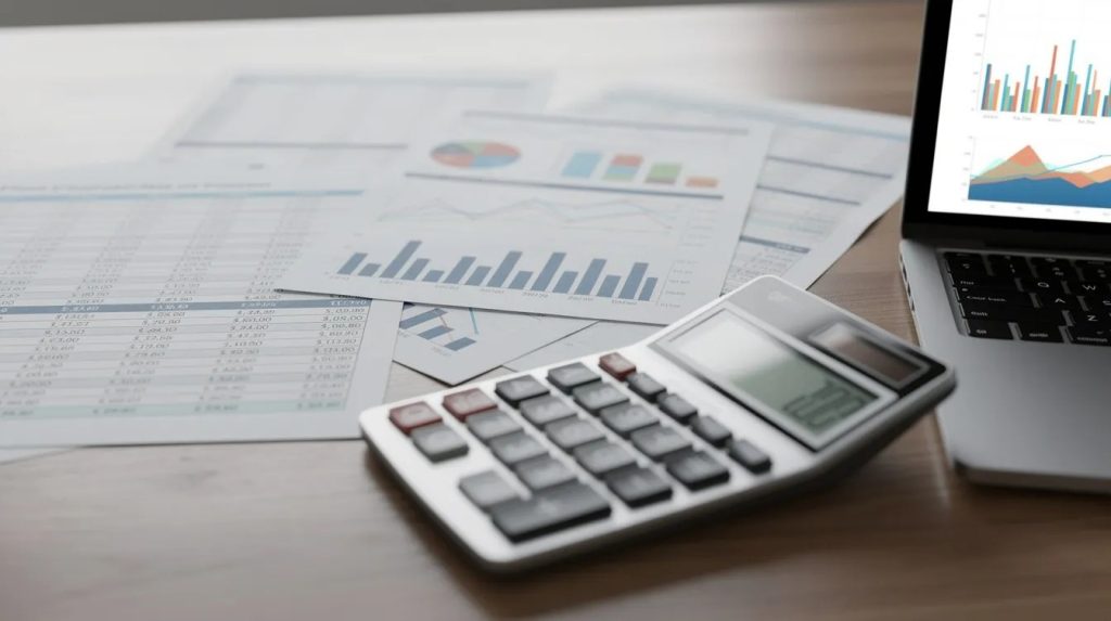Close-up view of financial documents, including tax returns and income statements, spread across a desk, with a calculator and a laptop displaying various financial charts.